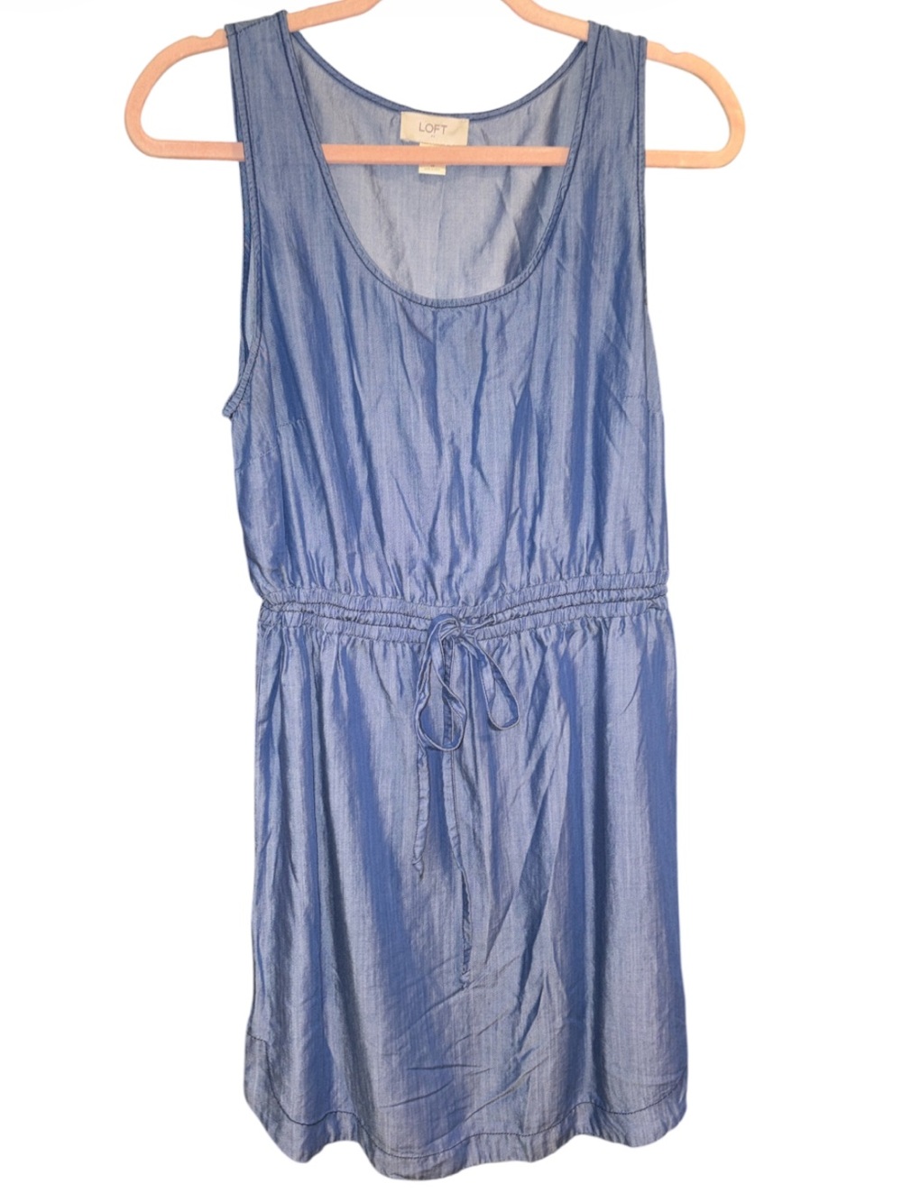 LOFT Light Blue 100% Lyocel Sleeveless Drawstring Waist Mini Dress W/Rounded Hem